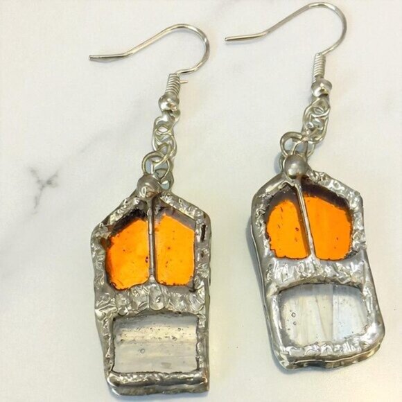 Amber & Clear Stained Glass Dangle Artisan Earrings W/ Silver Solder & 925 Hooks - Picture 3 of 16